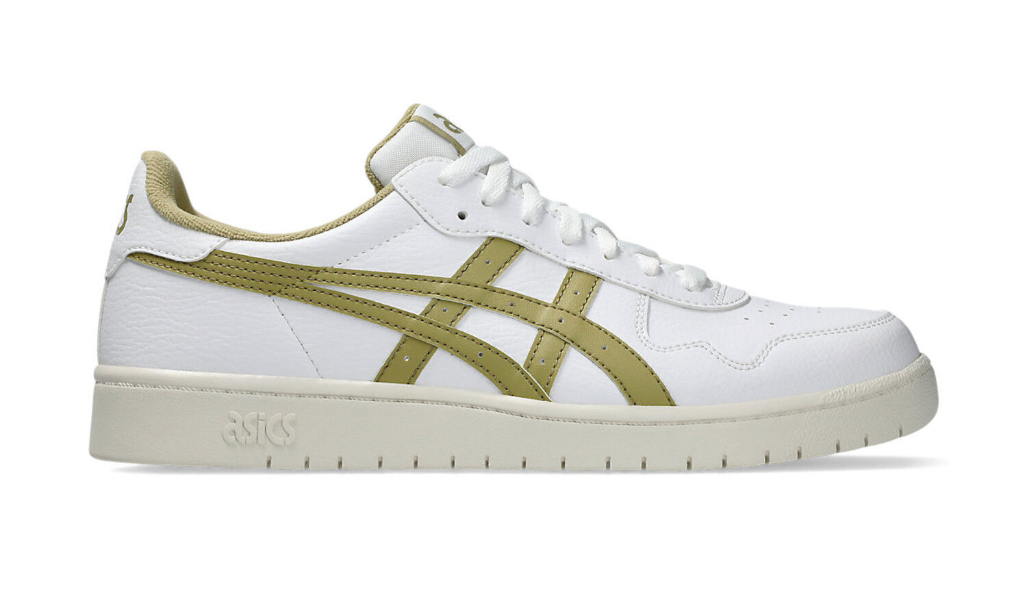 Asics Japan S in wit met khaki strepen, lage retro court sneaker