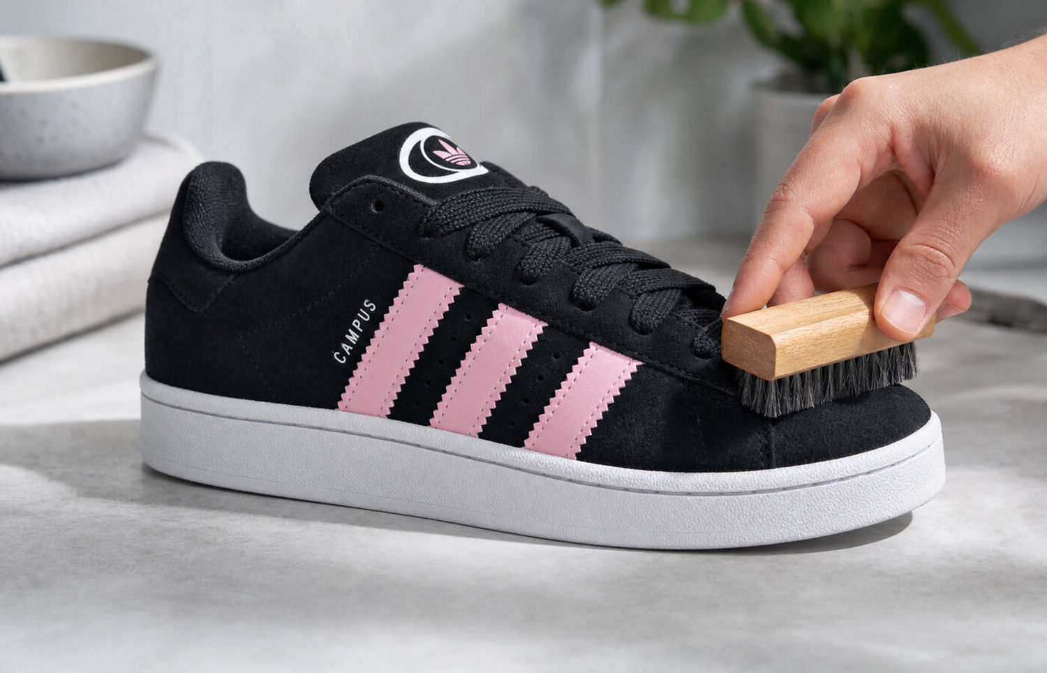 adidas Campus 00s waarvan het zwarte suède voorzichtig wordt opgeborsteld
