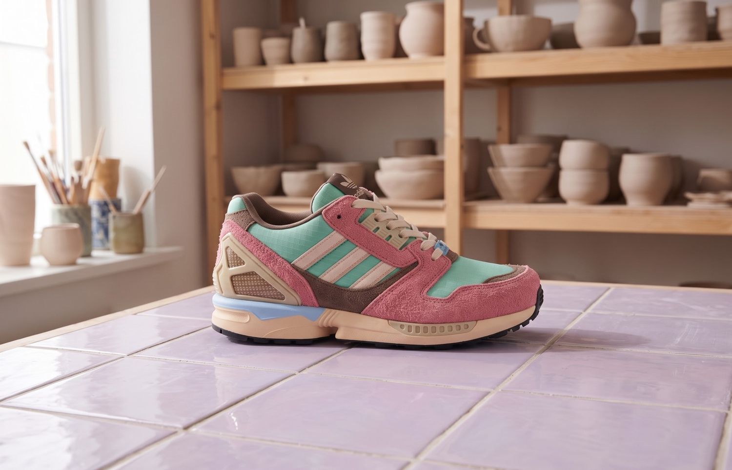adidas ZX 8000 St Fade Ocean met mintgroen textiel, roze suede en beige hielsteun op lila tegels in een keramiekatelier