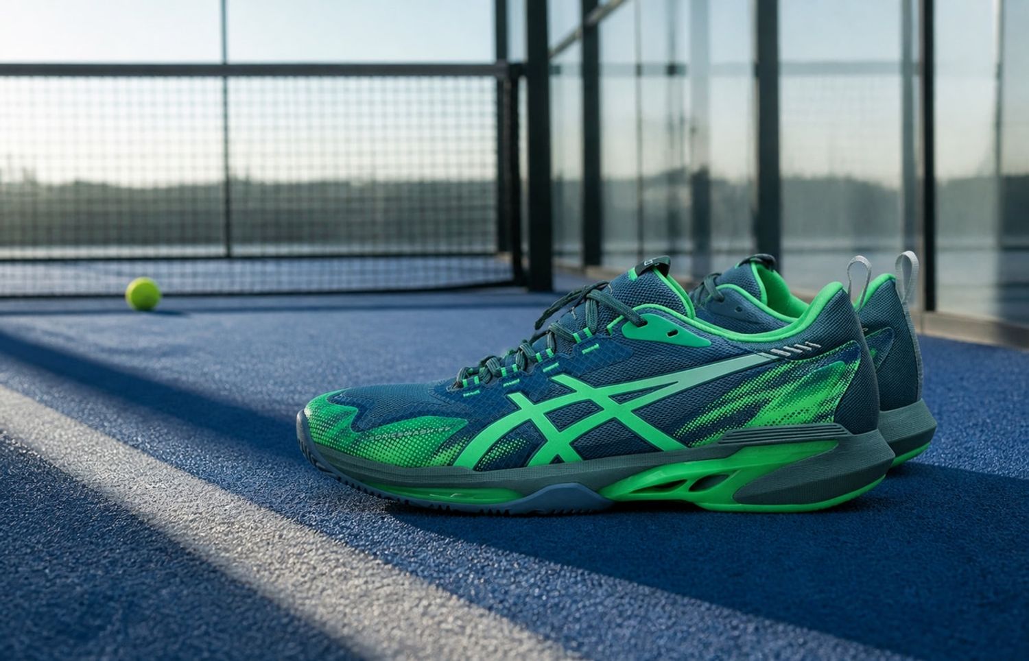 ASICS SONICSMASH FF in Saba Blue en Vital Green op een blauwe padelbaan