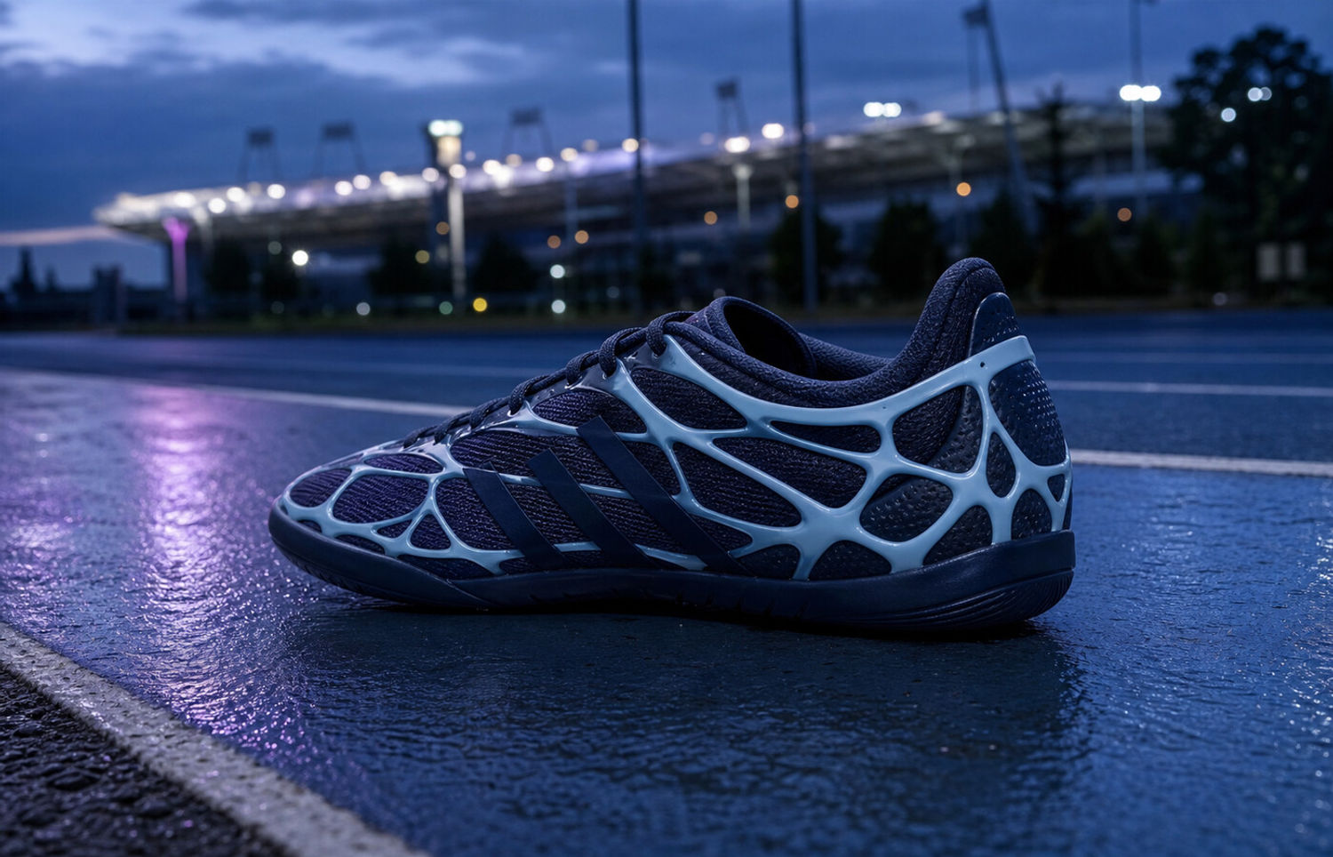 adidas x Bad Bunny F50 Ghost Sprint Dark Marine op een natte atletiekbaan