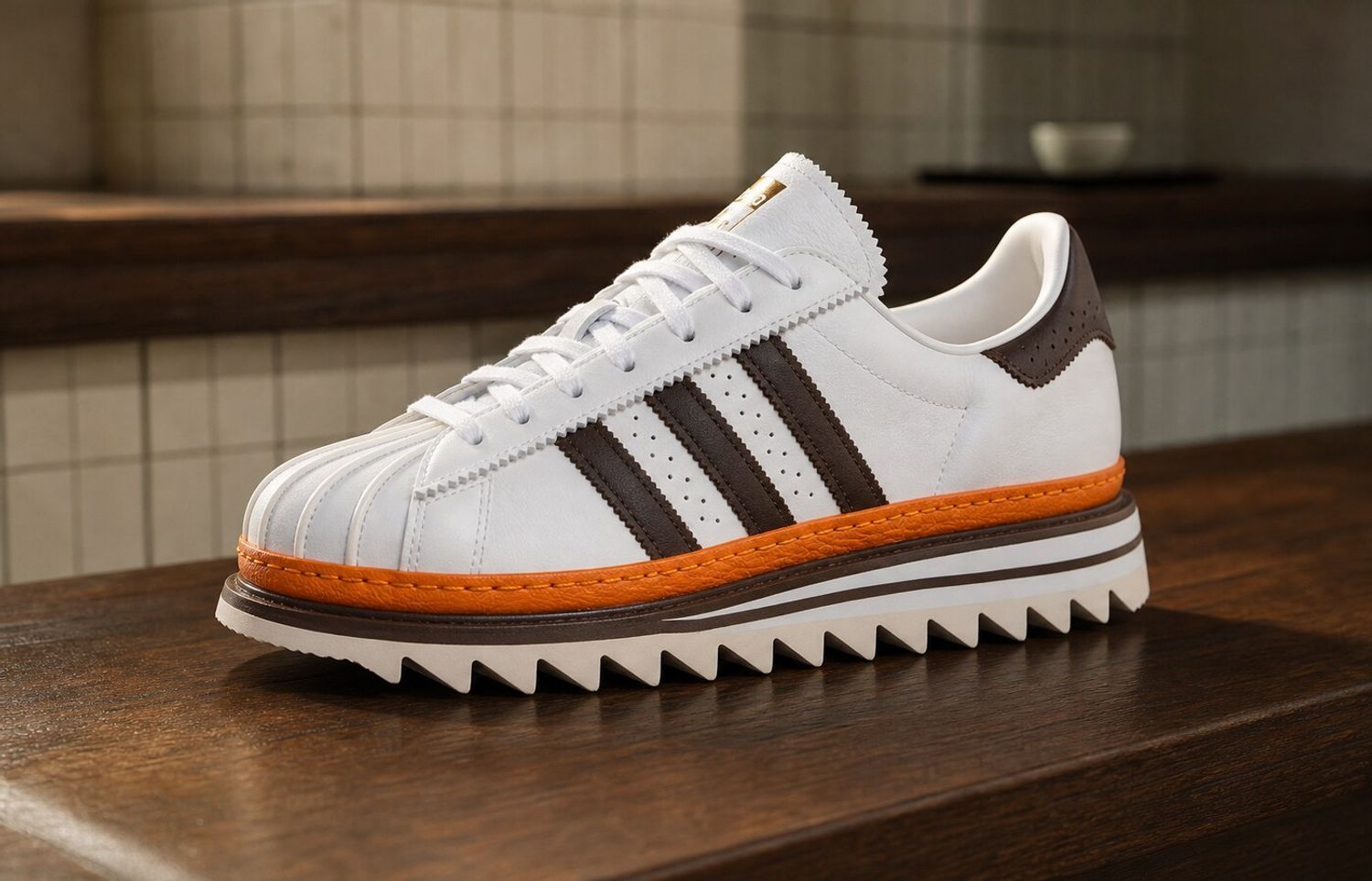 CLOT Superstar by Edison Chen in Cloud White, Coffee en Unity Orange op een houten theebar