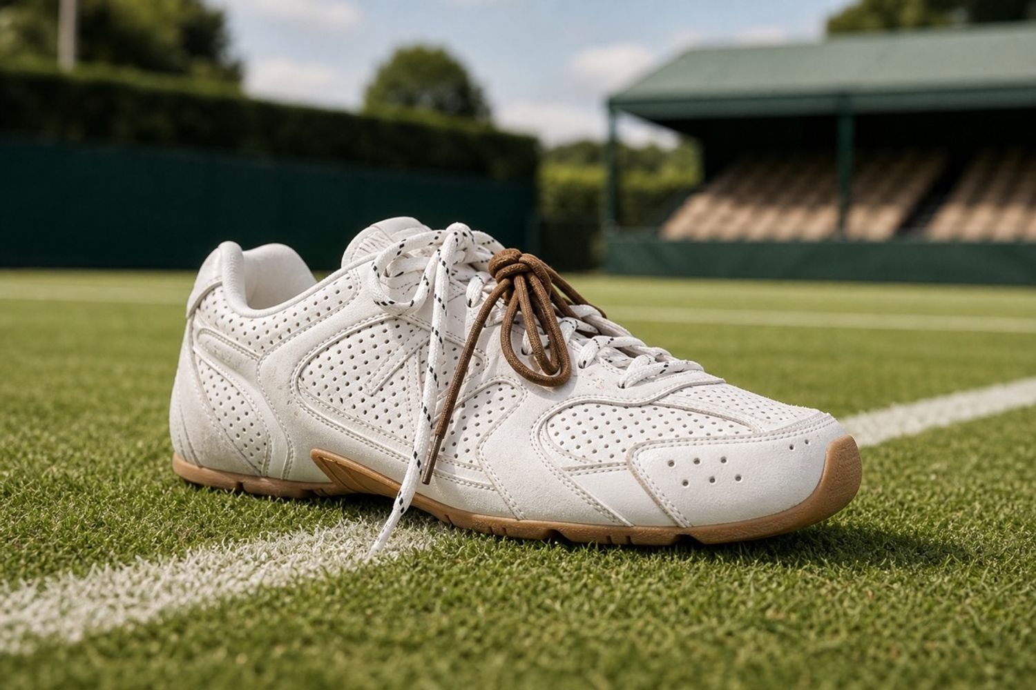 New Balance 530 SL sneaker op grasbaan in tenniscore setting