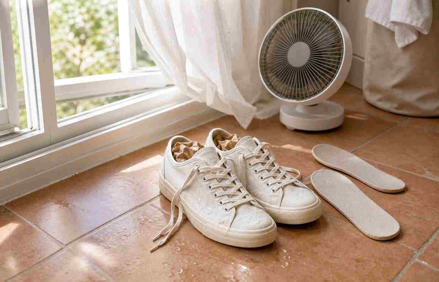 Natte canvas sneakers met losgemaakte veters, uitgenomen inlegzolen en absorberend papier bij een ventilator