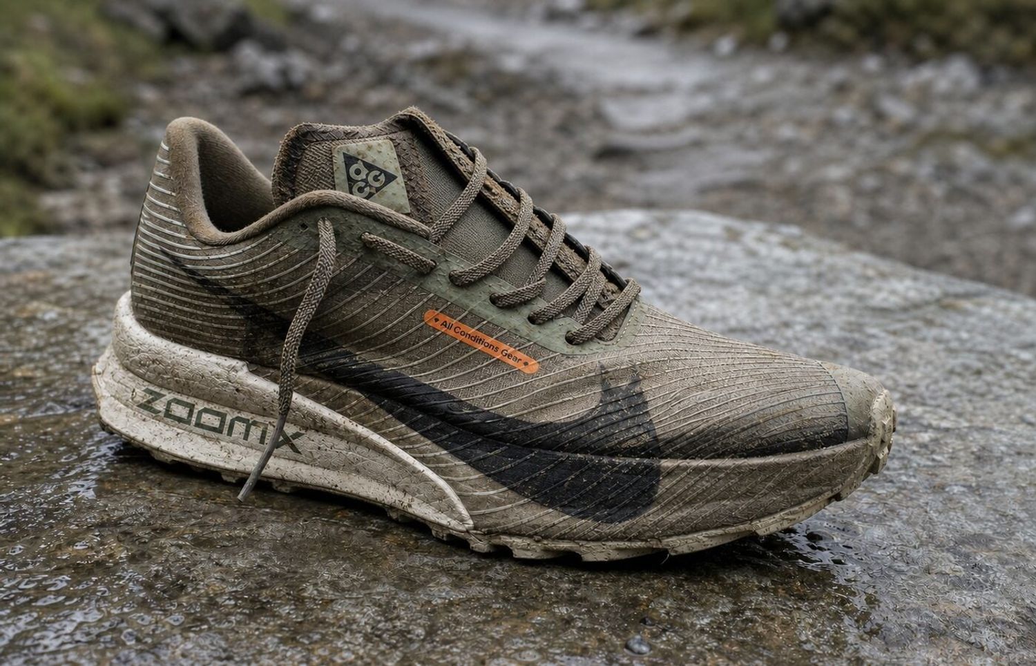 Nike ACG Ultrafly met gusseted tongue op natte rots in een koele trailsetting