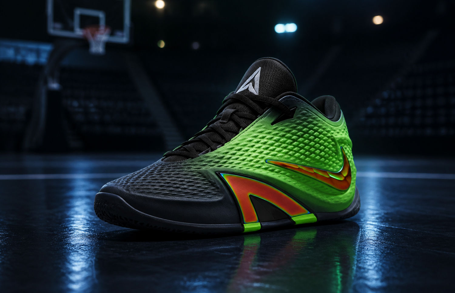 Nike JA 4 Nightmare op een donkere basketbalvloer