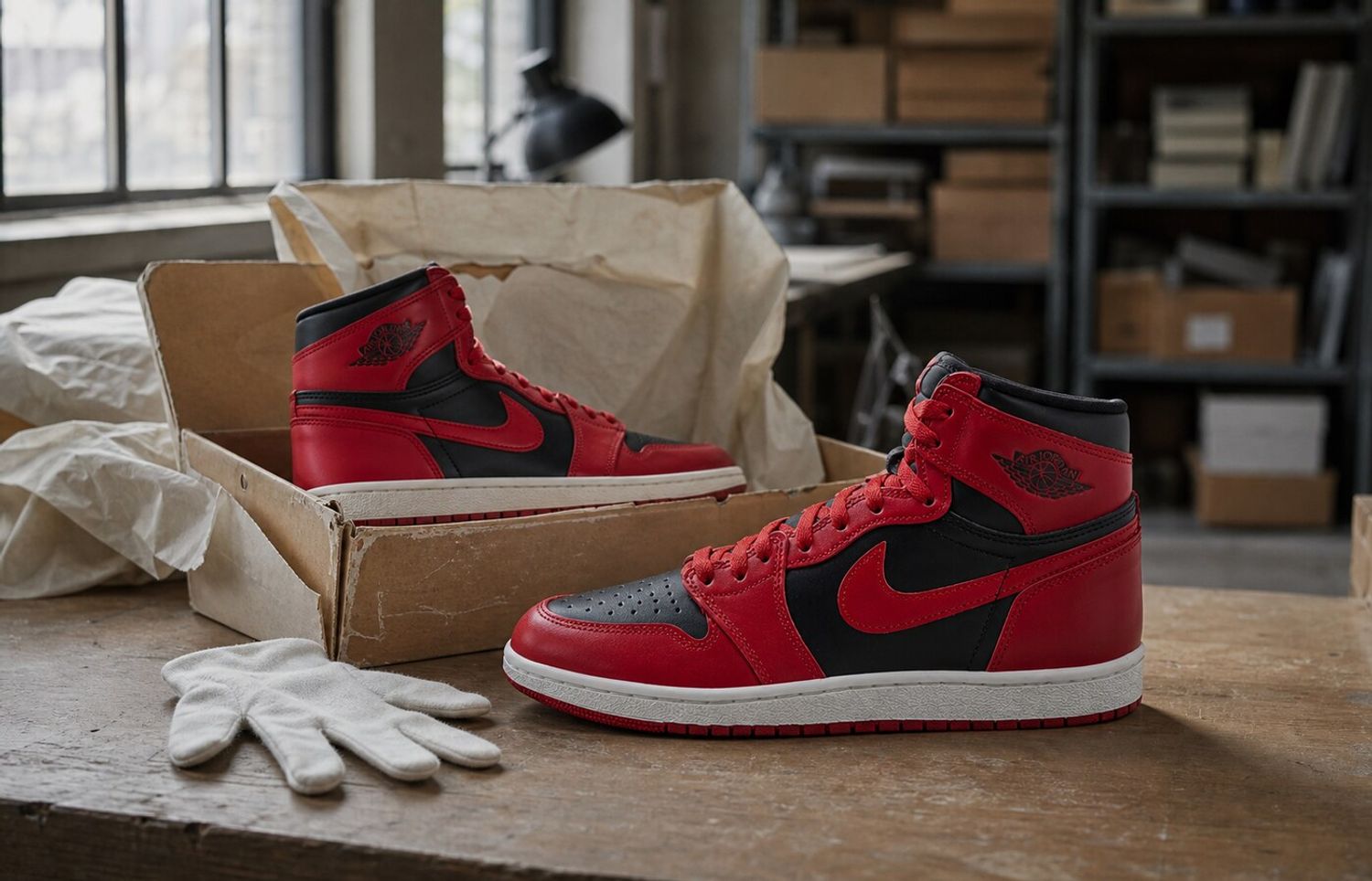 Air Jordan 1 High '85 Bred in een sneakerarchief als vergelijking tussen origineel en retro