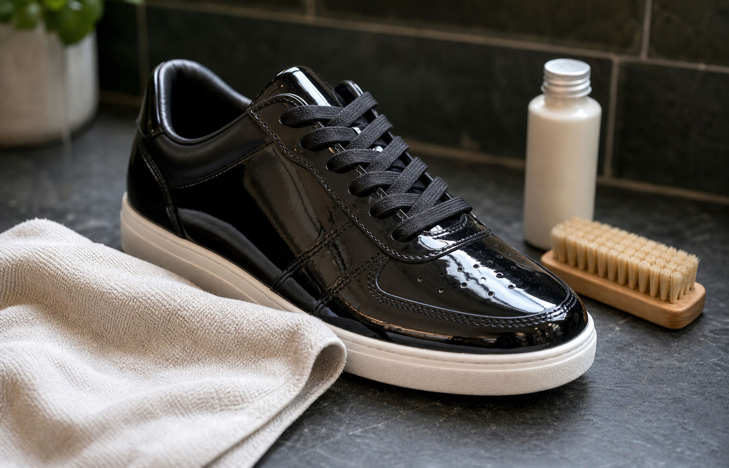 Zwarte patent leather sneaker met microfiber doek en zachte borstel in schoonmaaksetting