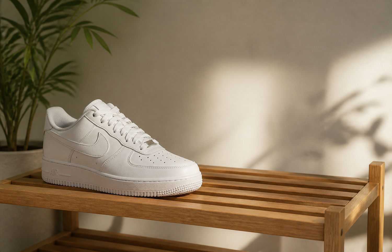 Witte Nike Air Force 1 Low op een houten schoenenrek