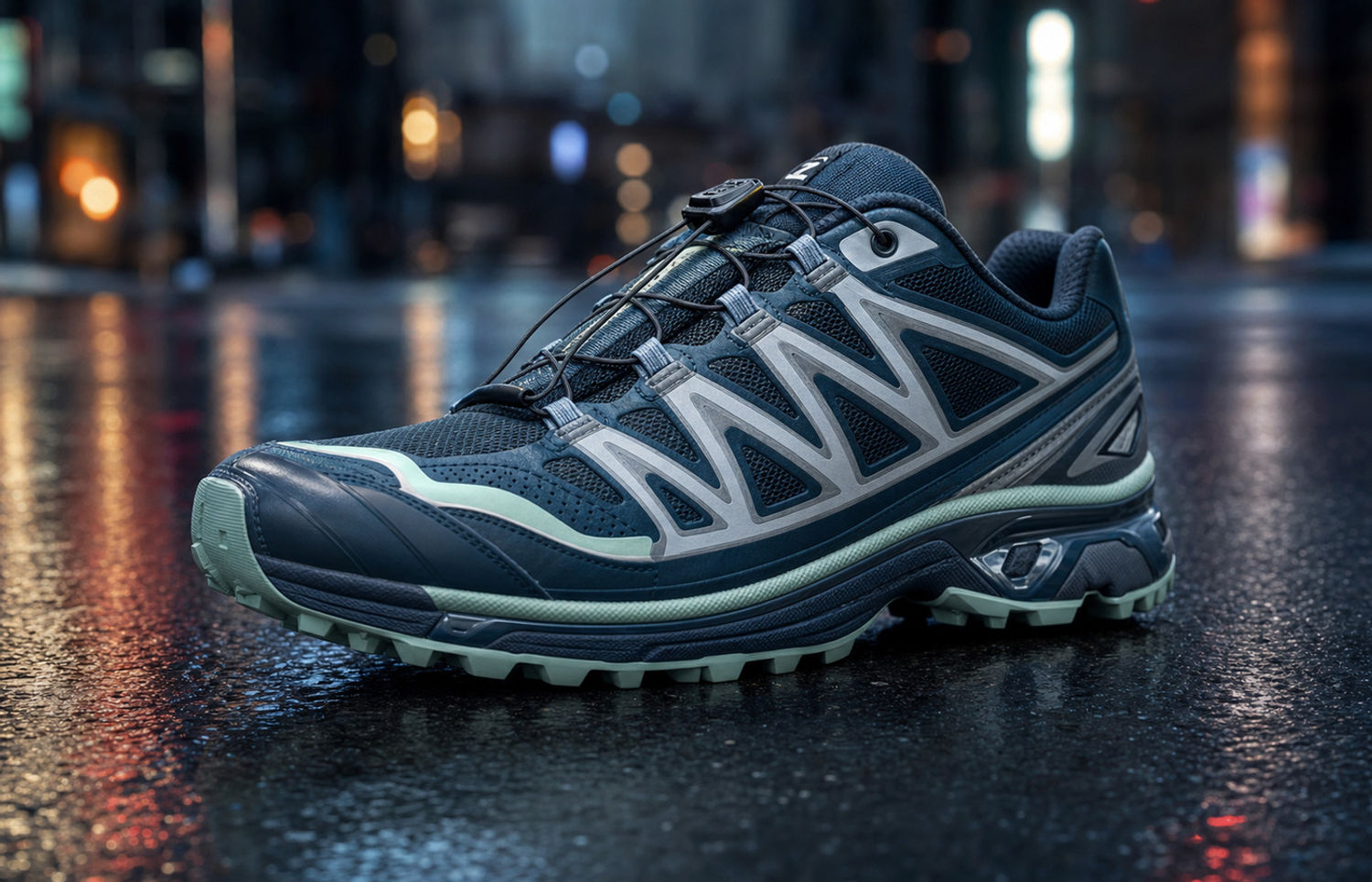 Salomon XT-4 OG in Transcend Blue met Quicklace en Contagrip-zool op nat stadsasfalt