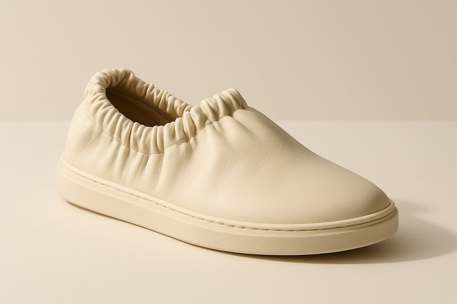 Scrunch sneaker in zacht cream leer met gerimpelde elastische enkel