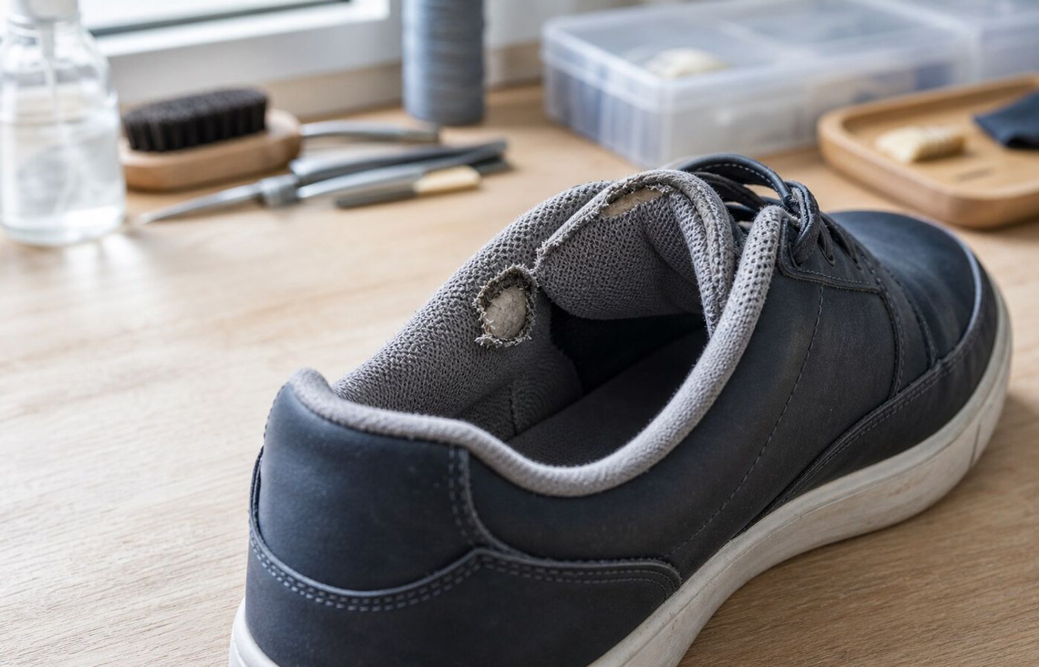 Versleten en gescheurde hielvoering van een sneaker op een reparatiewerkbank