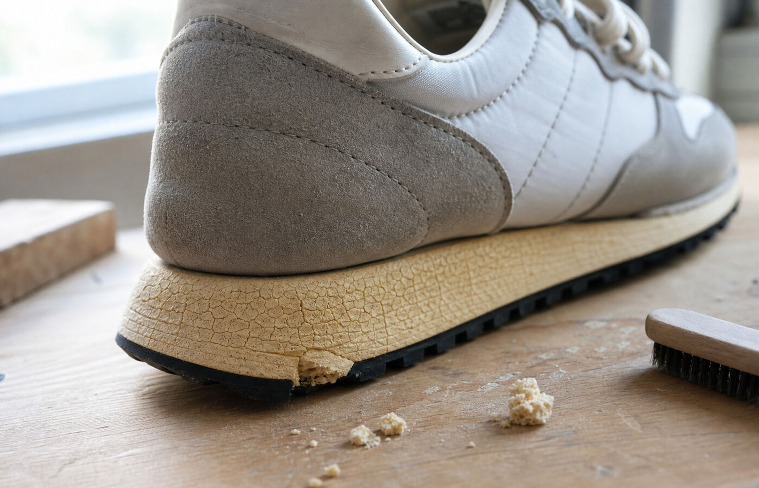 Oude sneaker met een gebarsten en verkruimelende midsole