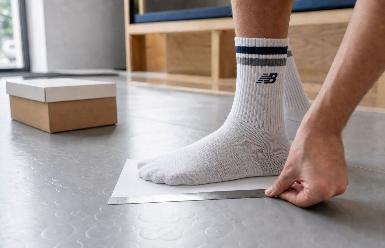 Voet in witte New Balance-sportsok op papier met een meetlat voor sneakermaat