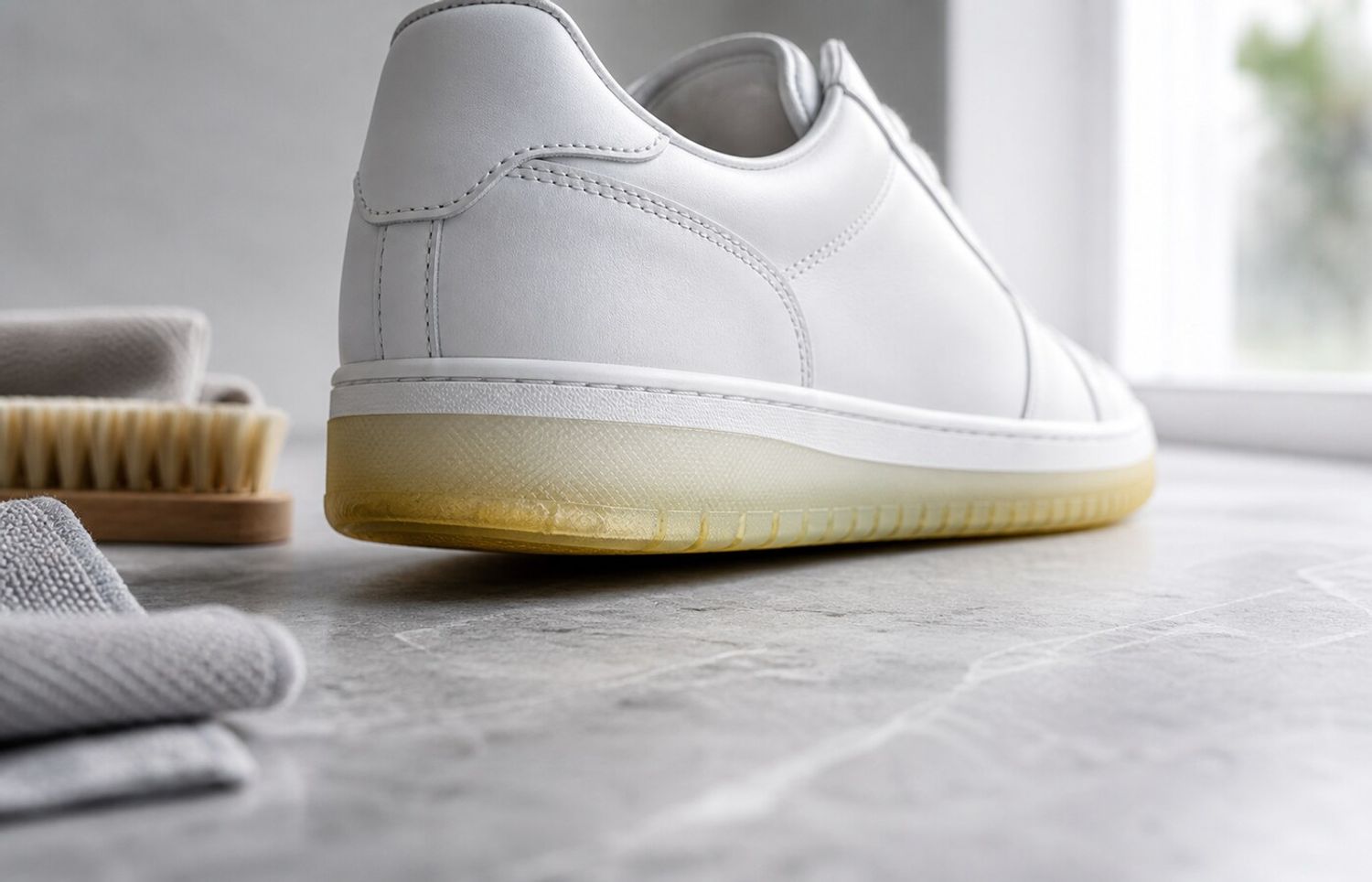 Witte sneaker met een natuurlijk vergeelde transparante zool naast een sneakerborstel