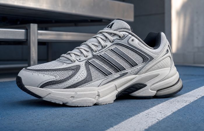 Adidas Adistar tech runner op een blauwgrijze rubbervloer