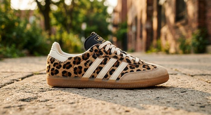 adidas Samba OG Leopard Magic met leopardprint pony hair upper op een stenen straat in warm zonlicht