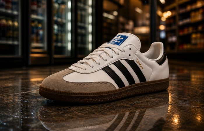 Adidas Samba OG op glanzende winkelvloer bij piepende zolen