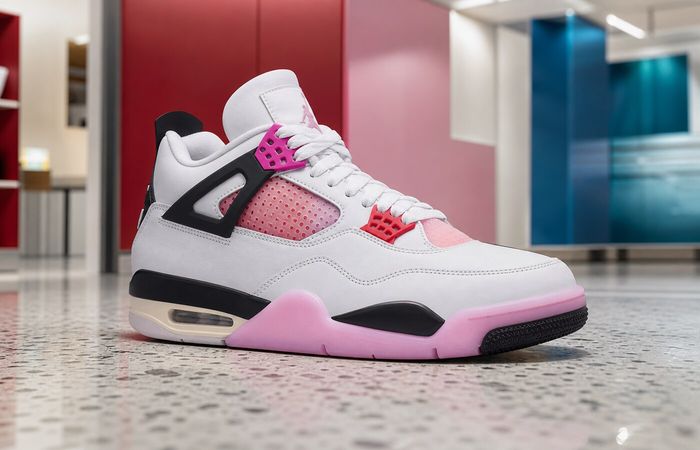 Air Jordan 4 Comic in een grafische galerie met rode en blauwe kleurvlakken