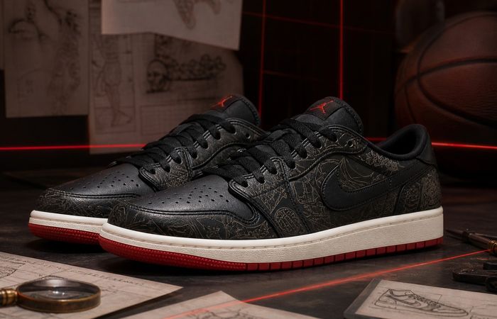 Air Jordan 1 Low OG Laser in zwart met rode en laser-geëtste details
