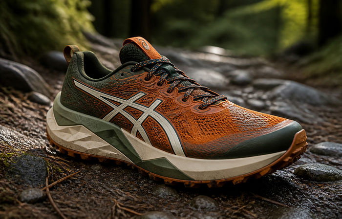 ASICS BLAZEBLAST trailrunner in oranje en groen op nat bospad