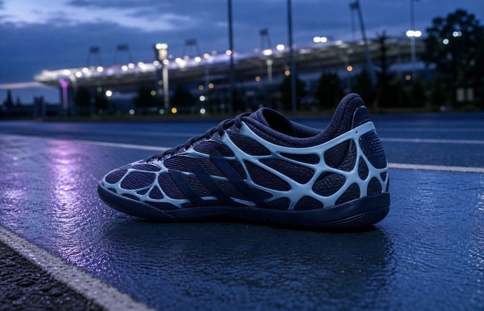 adidas x Bad Bunny F50 Ghost Sprint Dark Marine op een natte atletiekbaan