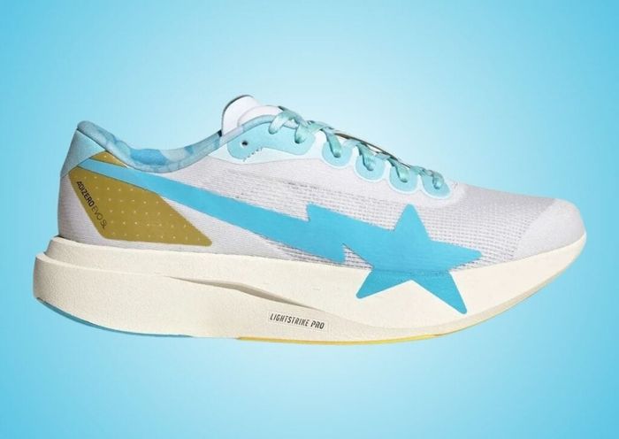 BAPE x adidas Adizero EVO SL KJ5751 met blauw en roze details