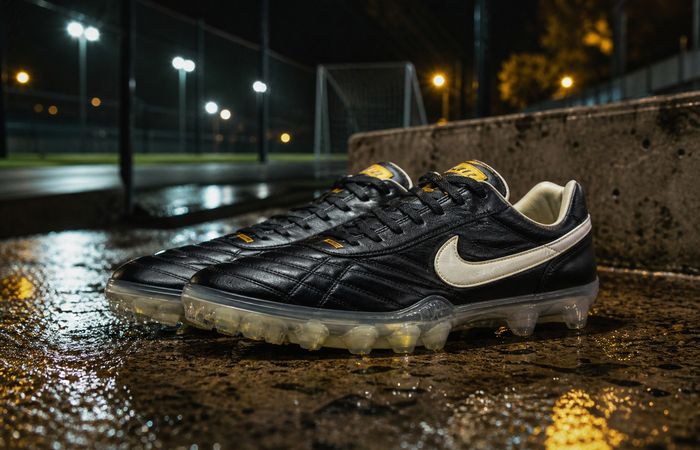 Nike Cryoshot Tiempo 94 OG in zwart op een nat voetbalveld