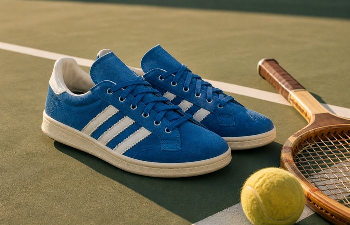 adidas Billie Jean King Blue Suede Shoe op een groene tennisbaan