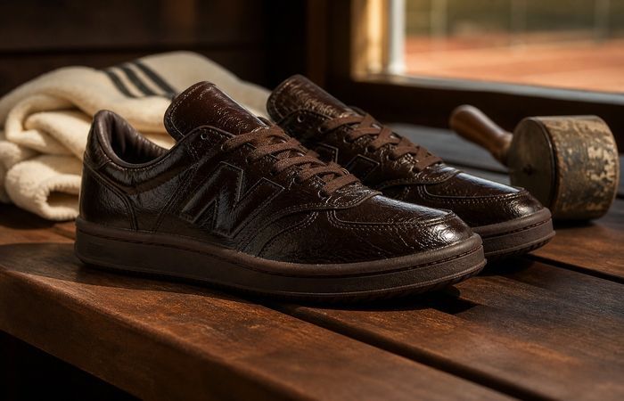 Jack Harlow x New Balance T500 Black Coffee U5005JD op een vintage tennisbank