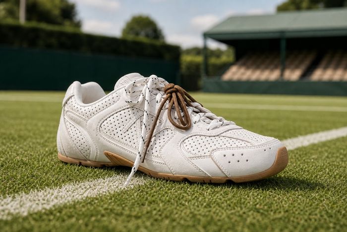 New Balance 530 SL sneaker op grasbaan in tenniscore setting