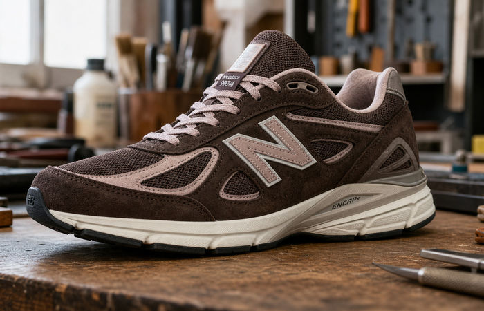 New Balance 990v4 Pumpernickel met zichtbare ENCAP midsole op een werkbank