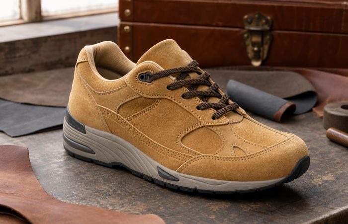 Bruine suede runner op een werkbank met leerstukken