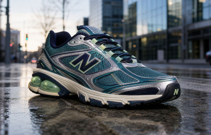 New Balance ABZORB 1890 Streamsong op nat stadsbeton met koele ochtendreflectie