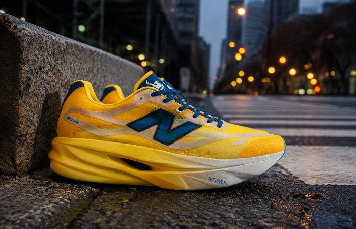 New Balance FuelCell SuperComp Elite v6 in NYC Marathon-kleuren op een natte straat in New York