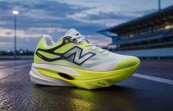 New Balance SuperComp Elite v6 op een natte atletiekbaan bij zonsopkomst