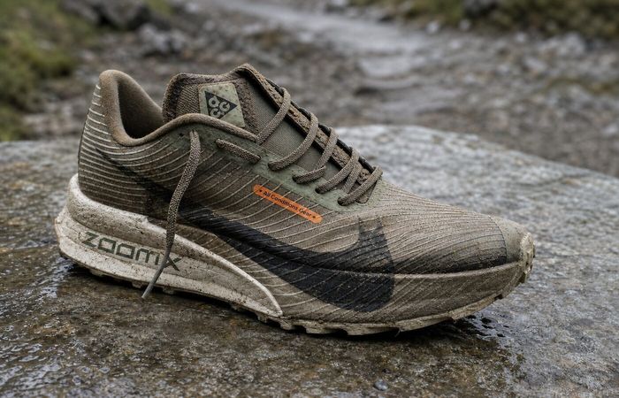 Nike ACG Ultrafly met gusseted tongue op natte rots in een koele trailsetting