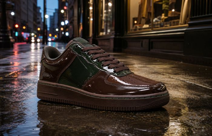 Donkergroene en bruine low-top sneaker op een natte stoep