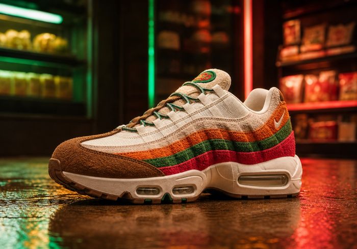 Nike Air Max 95 Big Bubble 7-Eleven colorway met neon achtergrond