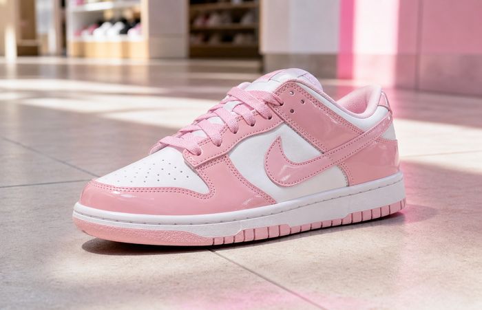 Nike Dunk Low Patent Pink Rise IV5104-100 op een lichte winkelvloer