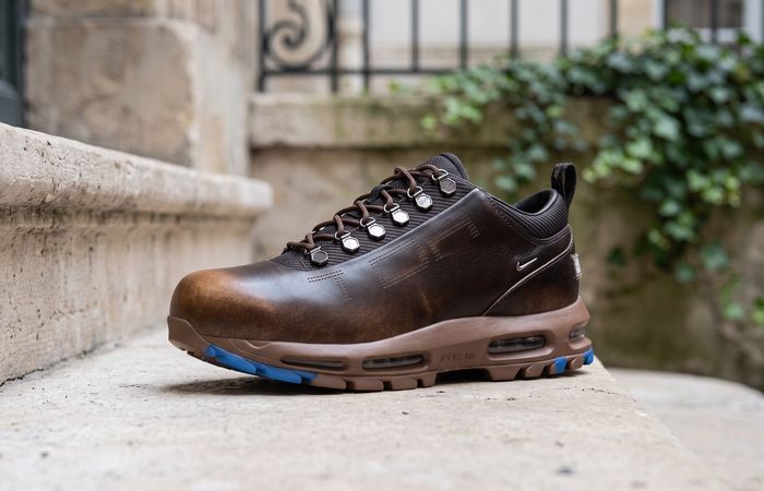 Nike Air Max Goadome Low Multi-Color and Black met bruine upper, zilveren veterhardware en blauwe zoolaccenten op een stenen binnenhoftrap