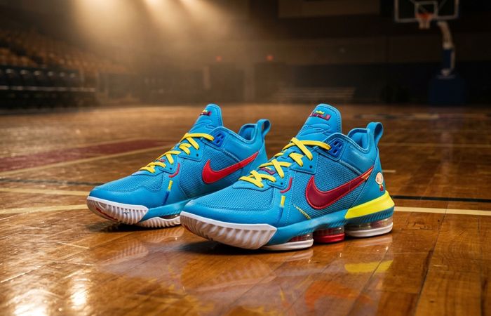 Nike LeBron 23 Stewie in Baltic Blue op een glanzend basketbalcourt met warm arenalicht