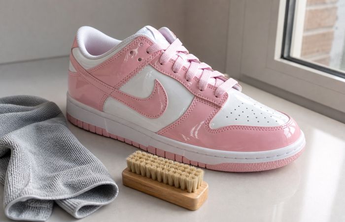 Nike Dunk Low patent leather met doek en borstel op een vensterbank