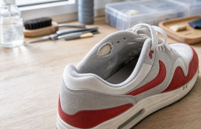 Versleten hielvoering van een Nike Air Max 1 met zichtbaar schuim
