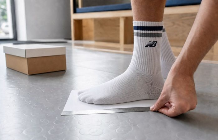 Voet in witte New Balance-sportsok op papier met een meetlat voor sneakermaat