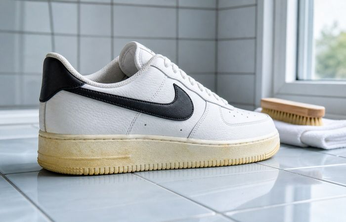 Nike Air Force 1 '07 White/Black met zichtbaar vergeelde zoolrand