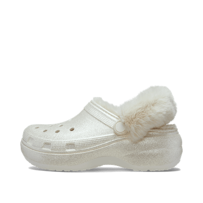 Crocs Classic Platform Fuzz Lined Glitter Clog "Chalk" | 2119220WV